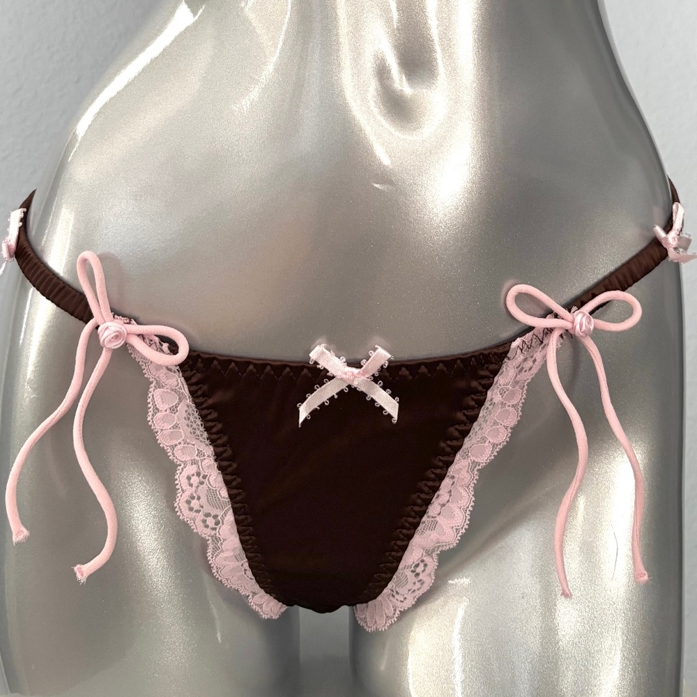 For Love & Lemons Satin Brown Pink Lace Jaden Thong Panty Nwt Small S